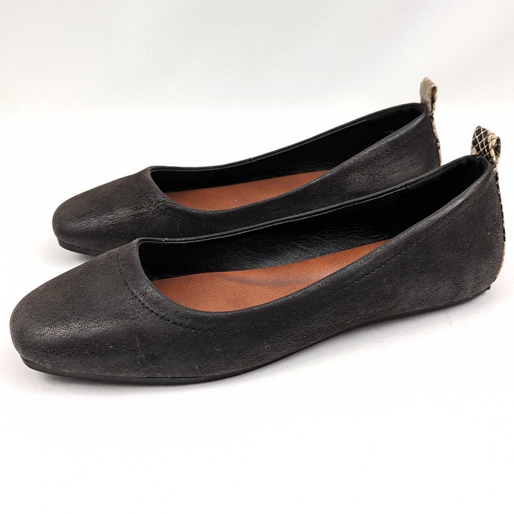 MIA Lele Ballet Flats Faux Suede Snakeskin Trim Square Toe Black size 6.5